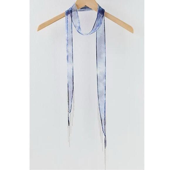 Free People Chan Luu Washed Ashore Fringe Skinny Scarf Denim Blue NWT Bohemian - Picture 4 of 11